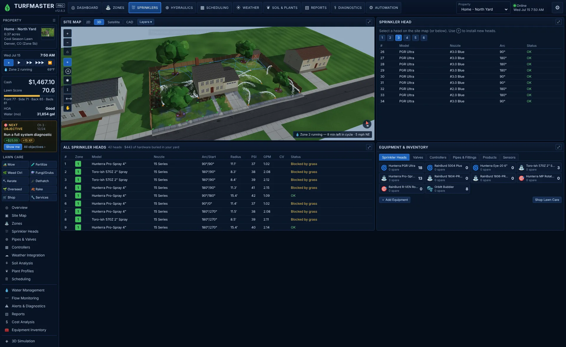 A 3D view of the house and yard with sprinklers running