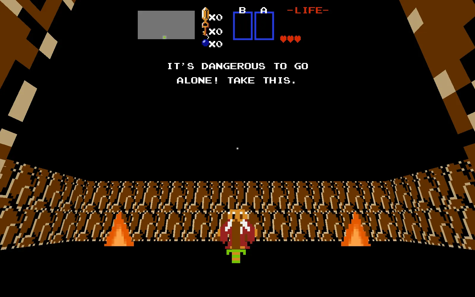 Inside the first cave: the old man stands between two fires with the wooden sword at his feet, under the text IT'S DANGEROUS TO GO ALONE! TAKE THIS.