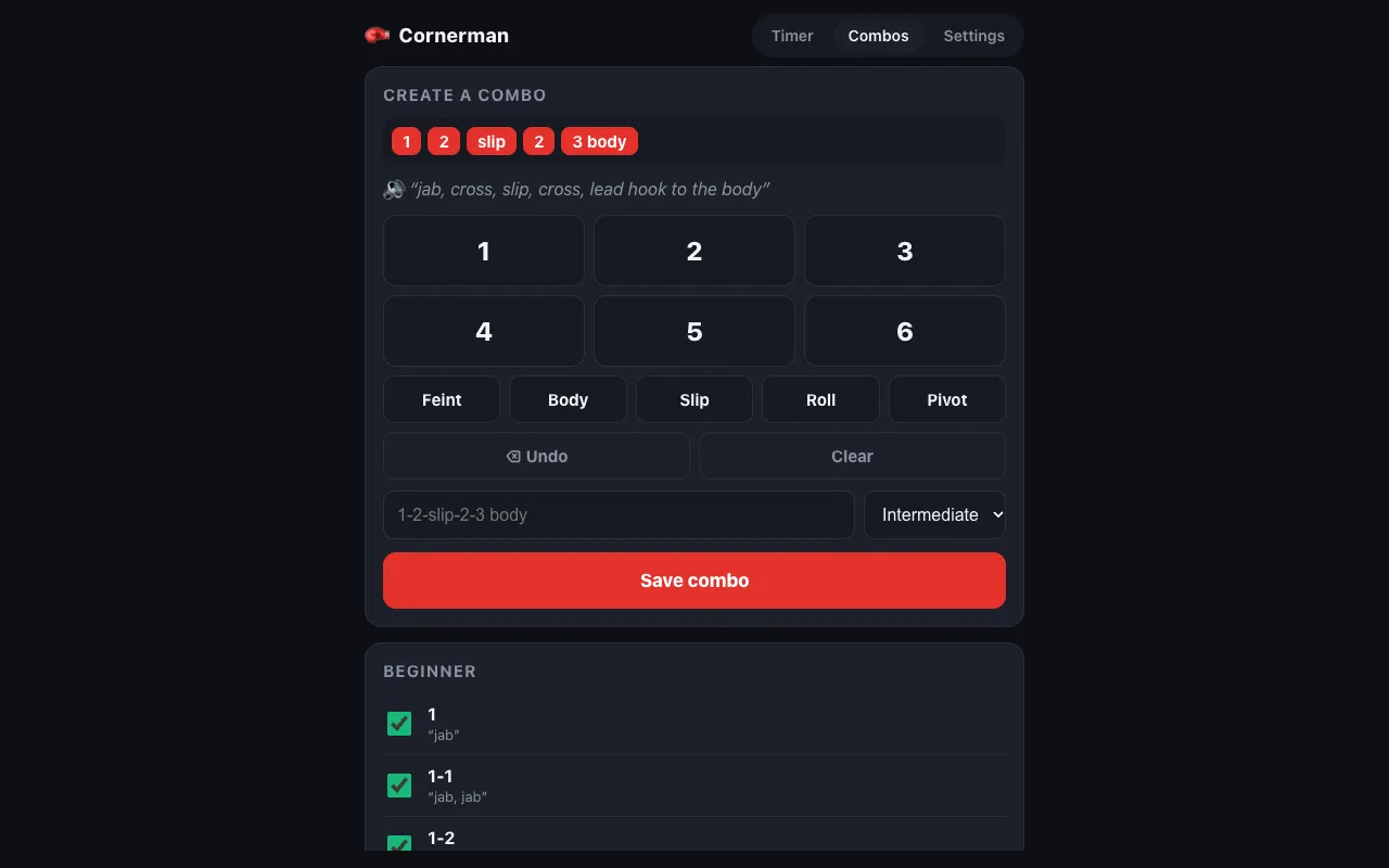 The combo editor with 1, 2, slip, 2, 3 body entered as chips and the spoken preview below them, above a grid of strike buttons