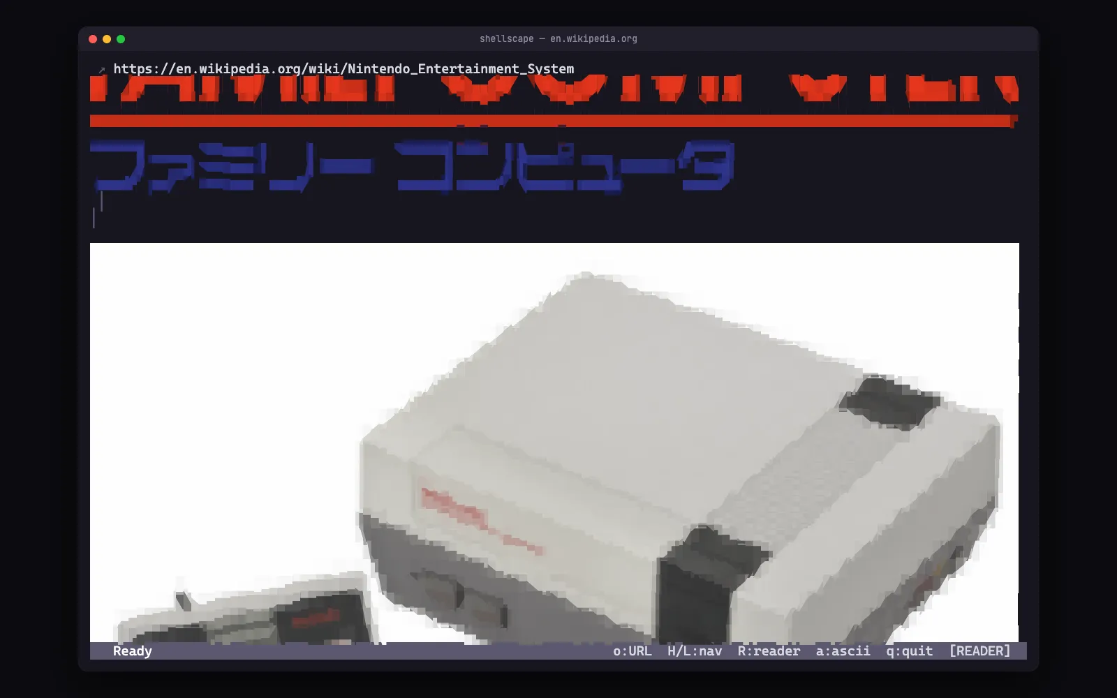 shellscape showing the Wikipedia article on the Nintendo Entertainment System in reader mode, with the Famicom logo and a photo of the console drawn as colour Unicode block art by Chafa.