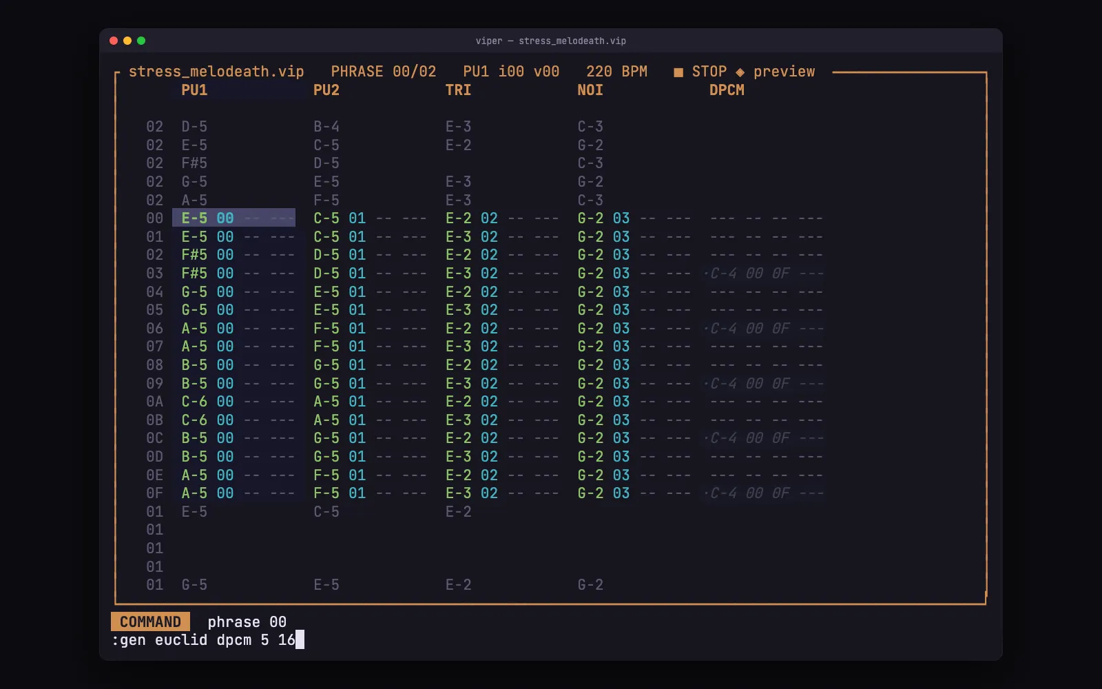 viper editing a phrase of stress_melodeath.vip, with neighbouring phrases shown dimmed above and below and a :gen euclid command previewing five DPCM hits before it runs.