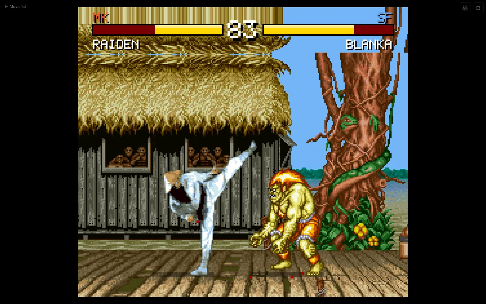Mid-fight on Blanka's Brazil stage: Mortal Kombat's Raiden throws a high kick at Street Fighter II's Blanka, with the MK and SF health bars and a timer of 83 above them
