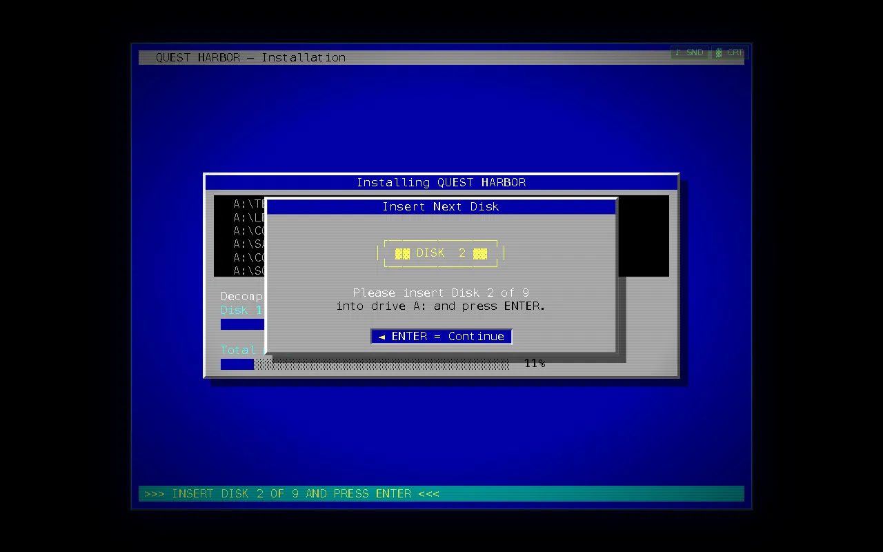 A blue DOS installer for a generated game called QUEST HARBOR, paused 11% in with a dialog asking you to insert Disk 2 of 9 into drive A: