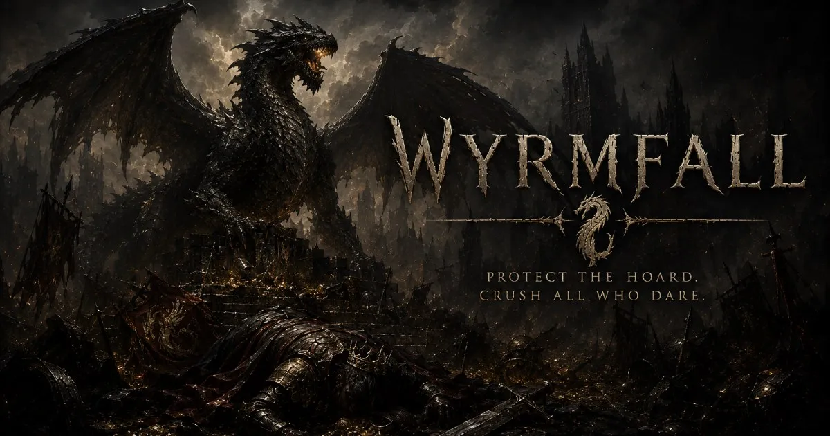 Wyrmfall title art, a black dragon over a field of fallen knights and gold