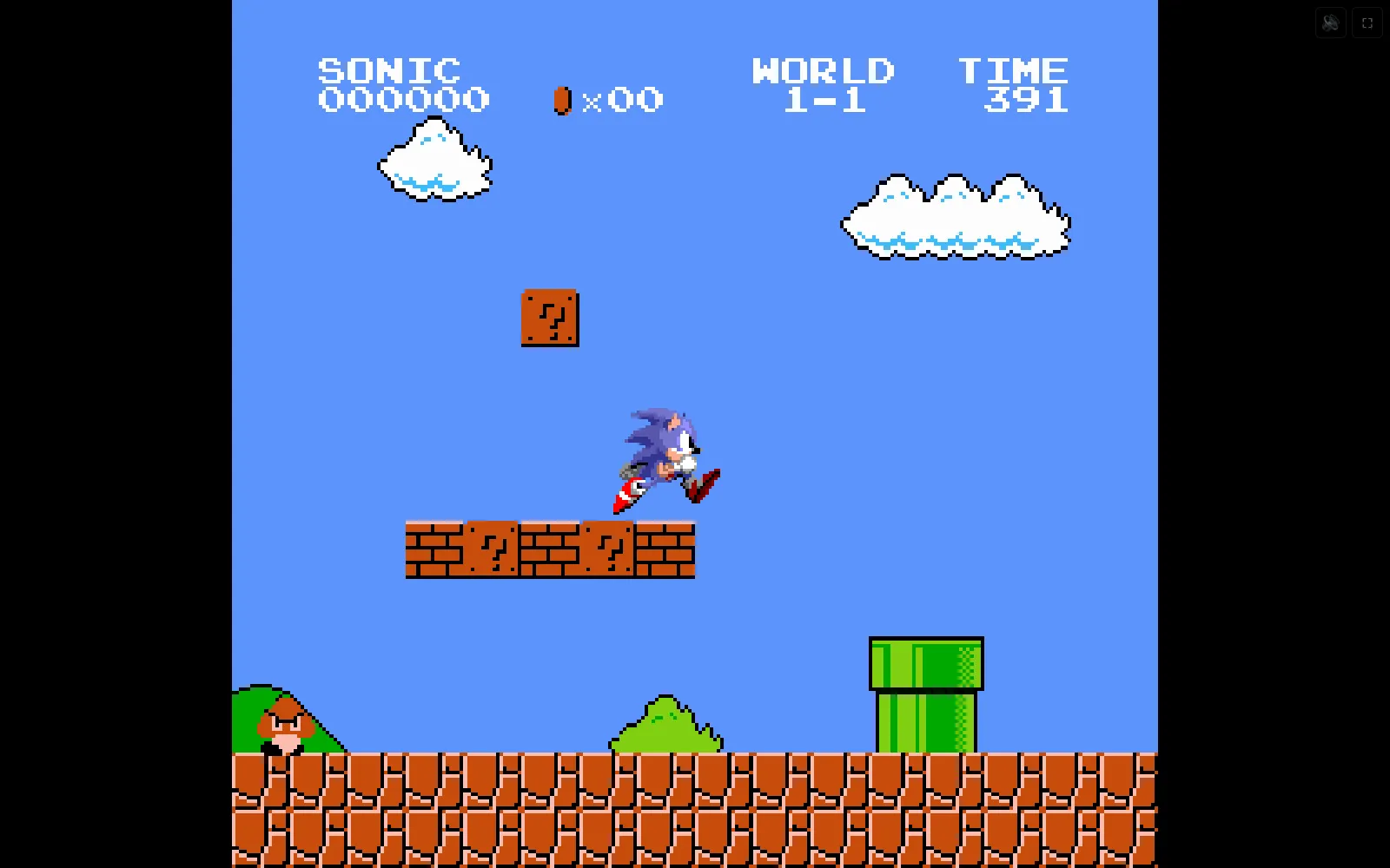 Sonic running across a row of bricks and used question blocks in World 1-1 of Super Mario Bros., with a goomba below and the HUD reading SONIC 000000, WORLD 1-1, TIME 391