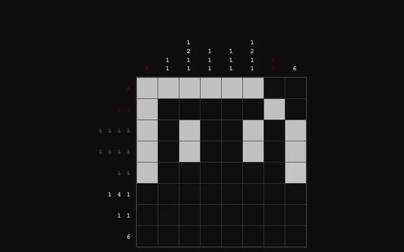 Constraint 03 part-way through: an 8×8 grid with the clues for completed lines greyed out