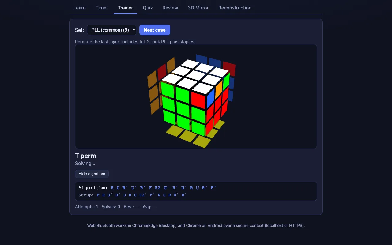 The Trainer drilling a T perm on the virtual cube: a 3D cube set up with the case, the algorithm and setup moves revealed below, and the attempt in progress