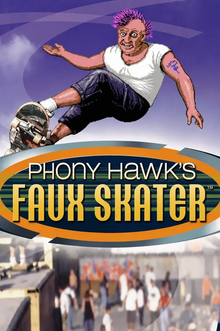 Phony Hawk's Faux Skater cover art: a pixel-art skater with a purple mohawk mid-air over a blurred skatepark crowd