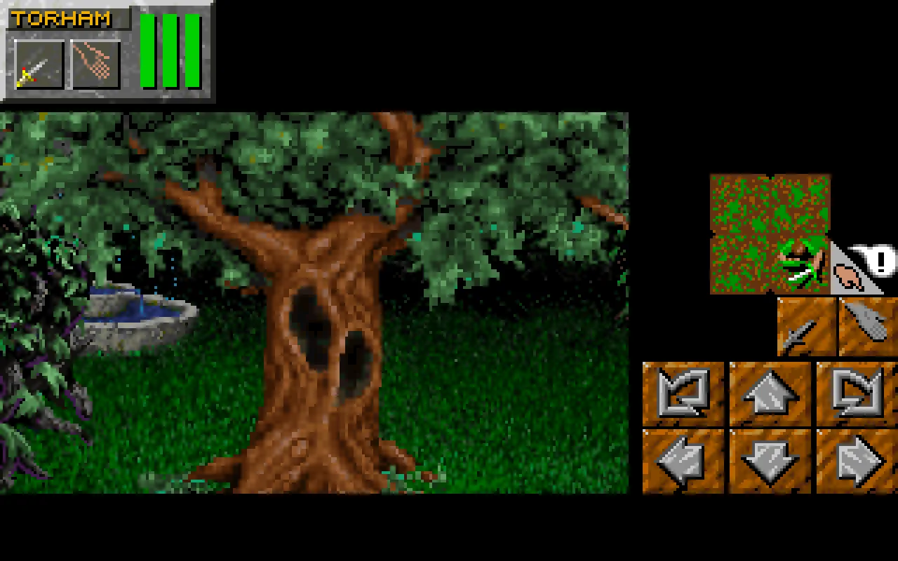 A gnarled tree with a face beside a stone fountain in the outdoor forest, rendered by the remake