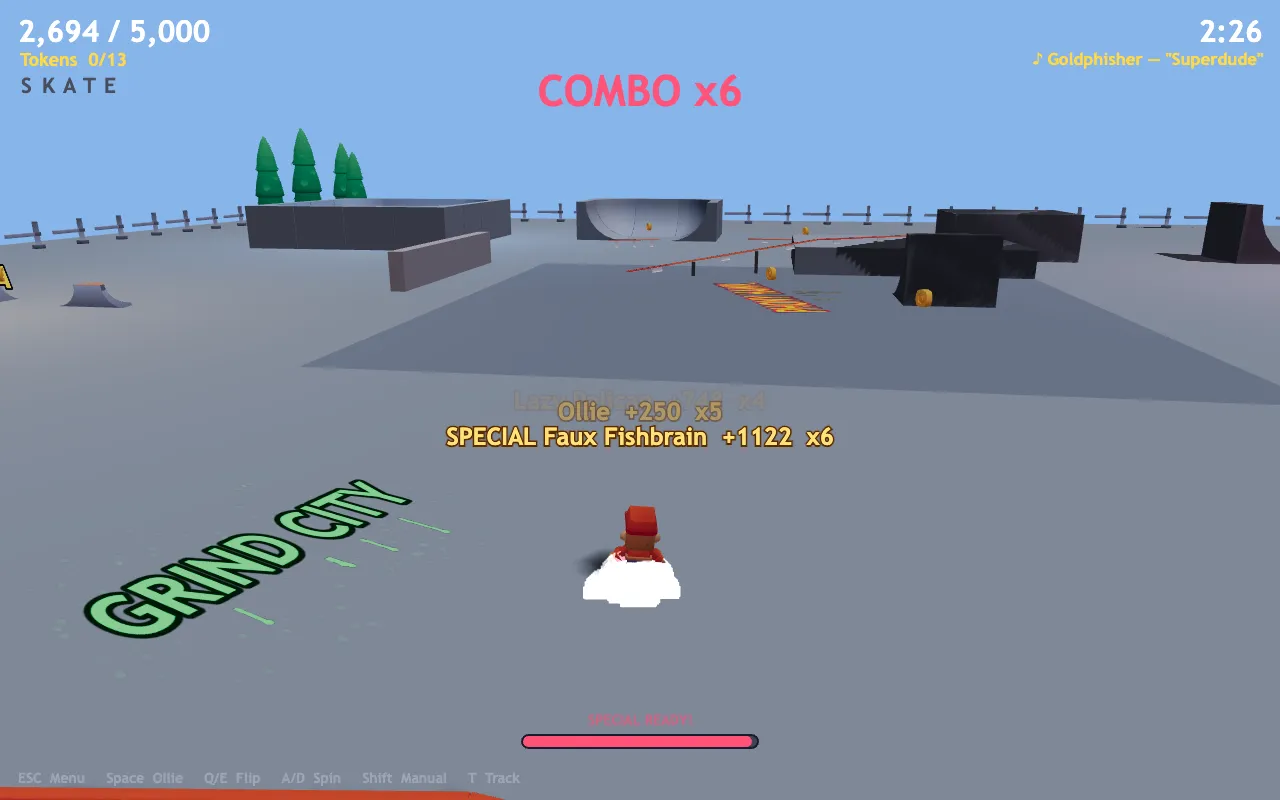 In-game in the Skatepark level: the skater lands behind a GRIND CITY floor decal while the HUD shows 2,694 of 5,000 points, a x6 combo and a SPECIAL Faux Fishbrain for +1122