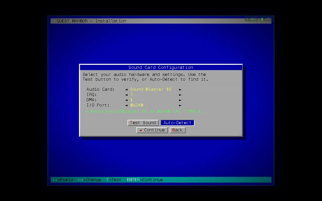 The Sound Card Configuration dialog with Sound Blaster 16 at port 0x240, IRQ 7, DMA 1, and a green line confirming Auto-Detect found it